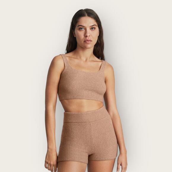 Everlane Cozy-Stretch Cropped Tank Top | Medium | Camel Brown Wool Loungewear - Picture 2 of 9